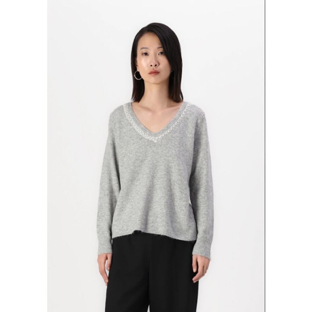 Gibson & Latimer Fuzzy Knit Sequin V-Neck Sweater Gray - Size S